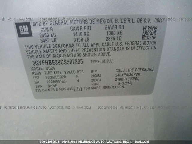 3GYFNBE39CS507335 - 2012 CADILLAC SRX PERFORMANCE COLLECTION Ашық көк фото 9