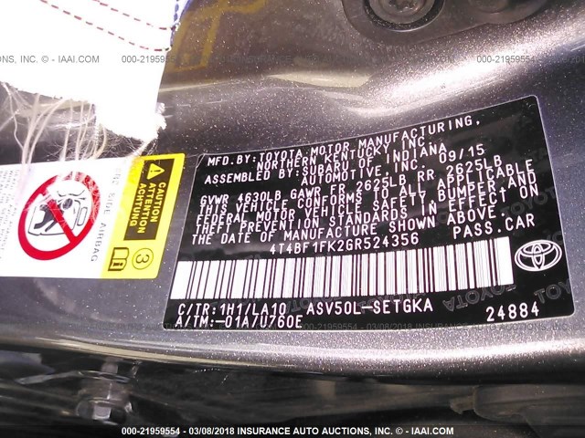 4T4BF1FK2GR524356 - 2016 TOYOTA CAMRY LE/XLE/SE/XSE GRAY photo 9
