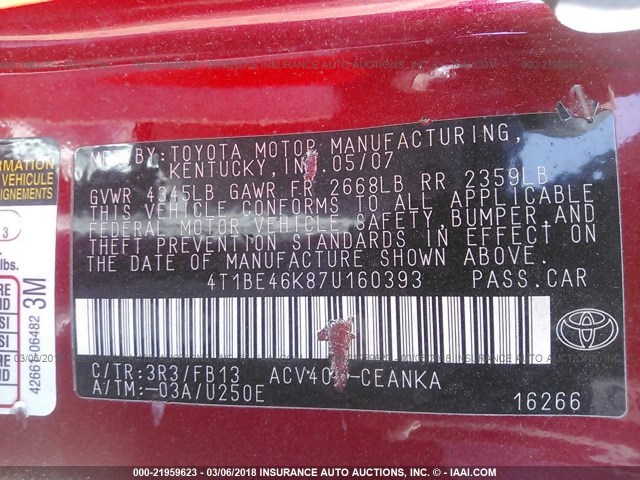 4T1BE46K87U160393 - 2007 TOYOTA CAMRY NEW GENERAT CE/LE/XLE/SE RED photo 9