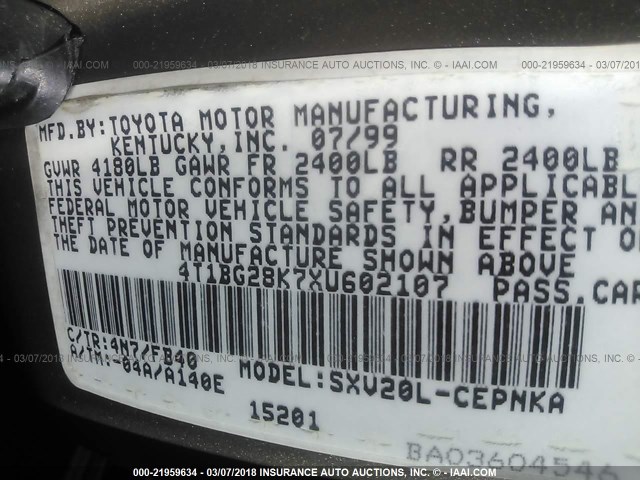 4T1BG28K7XU602107 - 1999 TOYOTA CAMRY CE/LE/XLE ოქროსფერი ფოტო 9