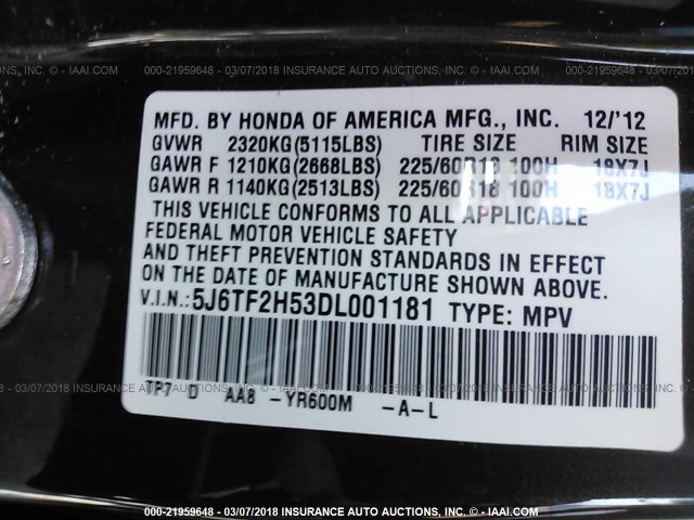 5J6TF2H53DL001181 - 2013 HONDA CROSSTOUR EXL BLACK photo 9