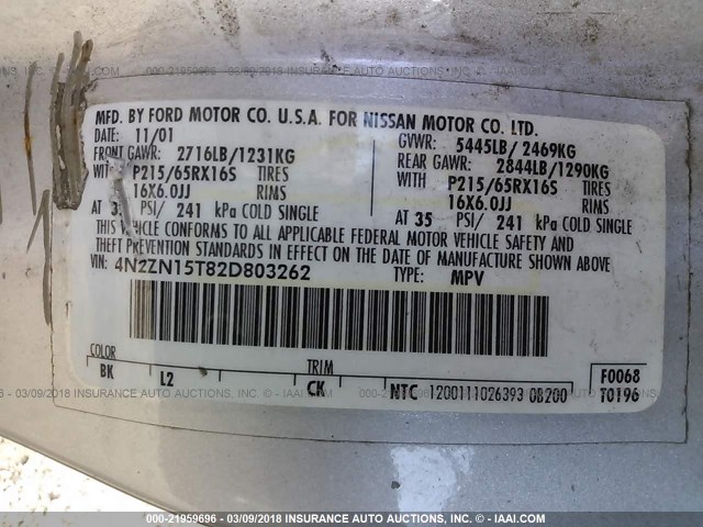 4N2ZN15T82D803262 - 2002 NISSAN QUEST GXE SILVER photo 9