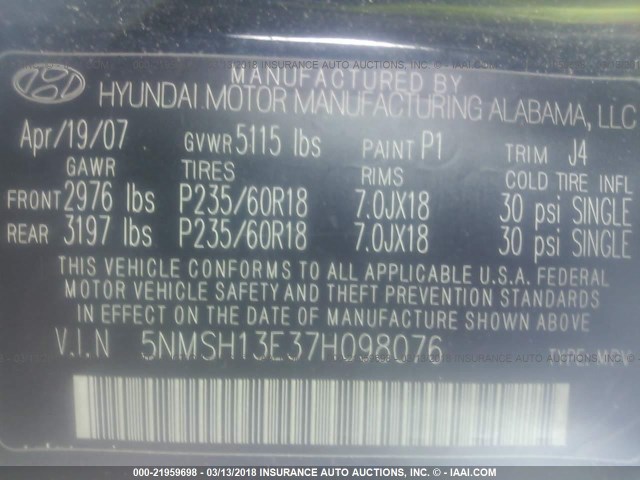 5NMSH13E37H098076 - 2007 HYUNDAI SANTA FE SE/LIMITED BLUE photo 9