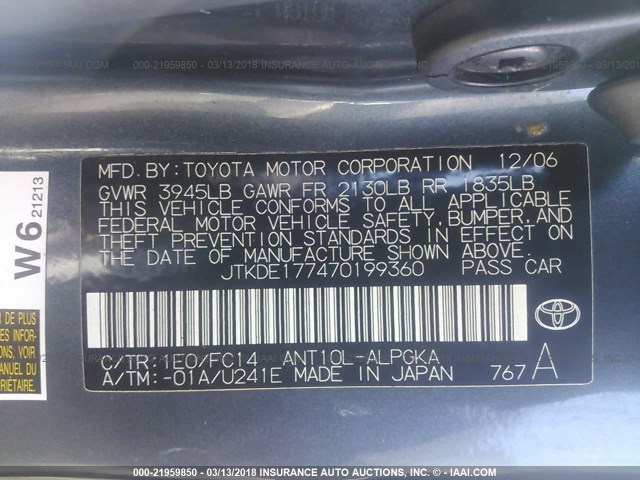 JTKDE177470199360 - 2007 TOYOTA SCION TC 灰色 照片 9