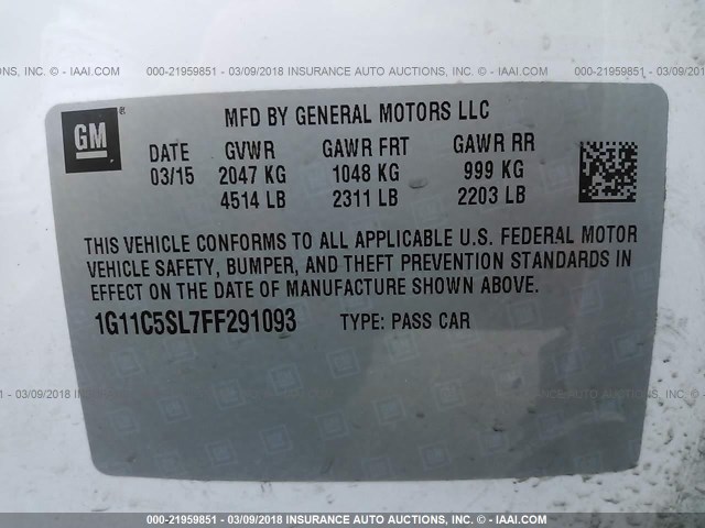 1G11C5SL7FF291093 - 2015 CHEVROLET MALIBU 1LT 白色 照片 9