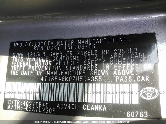 4T1BE46K07U594355 - 2007 TOYOTA CAMRY NEW GENERAT CE/LE/XLE/SE TAN photo 9