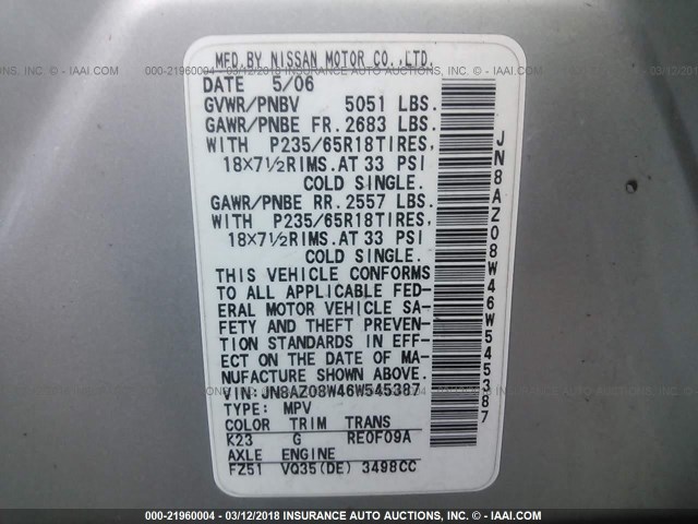 JN8AZ08W46W545387 - 2006 NISSAN MURANO SL/SE/S SILVER photo 9