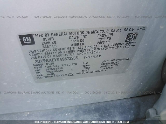 3GYFNAEY9AS572236 - 2010 CADILLAC SRX LUXURY COLLECTION SILVER photo 9