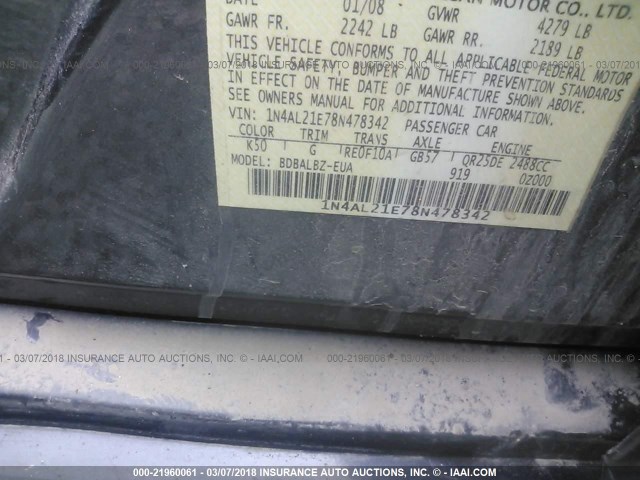 1N4AL21E78N478342 - 2008 NISSAN ALTIMA 2.5/2.5S GRAY photo 9