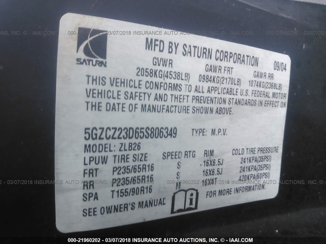 5GZCZ23D65S806349 - 2005 SATURN VUE SILVER photo 9