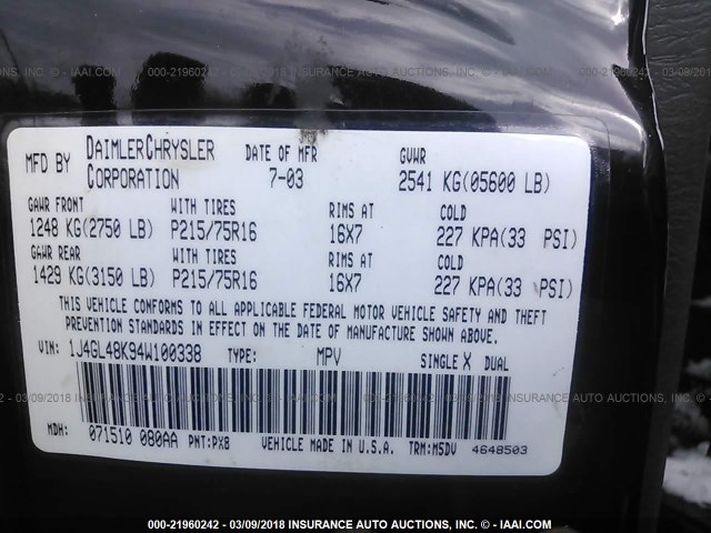 1J4GL48K94W100338 - 2004 JEEP LIBERTY SPORT 黑色 照片 9