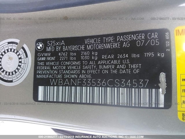 WBANF33536CS34537 - 2006 BMW 525 XI Or photo 9