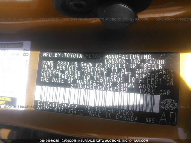 2T1KU40E09C042199 - 2009 TOYOTA COROLLA MATRIX  ORANGE photo 9