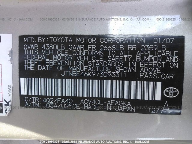 JTNBE46K973093311 - 2007 TOYOTA CAMRY NEW GENERAT CE/LE/XLE/SE TAN photo 9