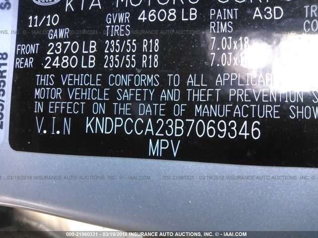 KNDPCCA23B7069346 - 2011 KIA SPORTAGE EX/SX SILVER photo 9