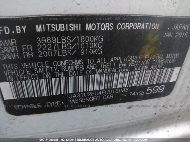 JA32U2FU4FU016088 - 2015 MITSUBISHI LANCER ES WHITE photo 9