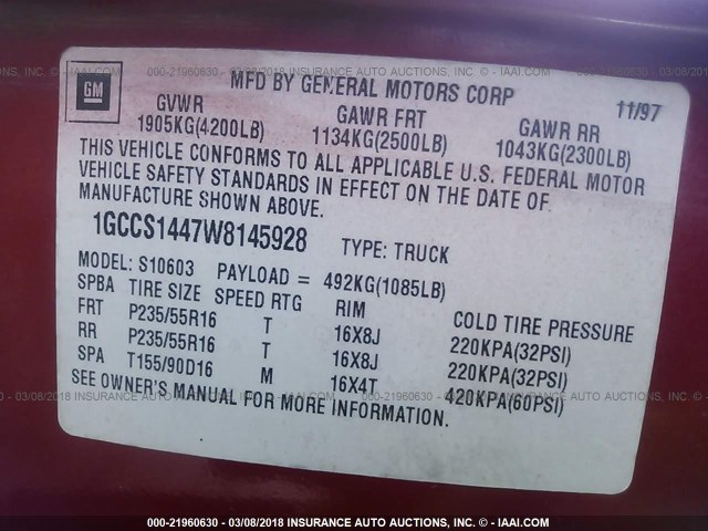 1GCCS1447W8145928 - 1998 CHEVROLET S TRUCK S10 RED photo 9