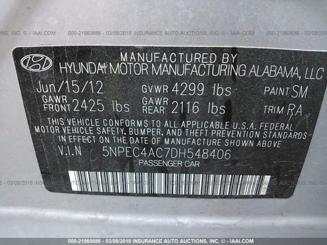 5NPEC4AC7DH548406 - 2013 HYUNDAI SONATA SE/LIMITED SILVER photo 9