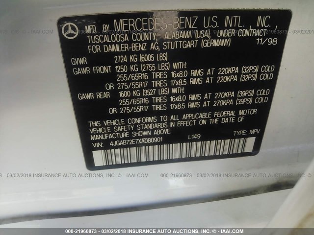 4JGAB72E7XA080901 - 1999 MERCEDES-BENZ ML 430 白色 照片 9