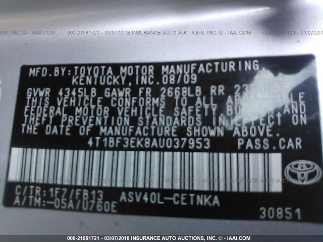 4T1BF3EK8AU037953 - 2010 TOYOTA CAMRY SE/LE/XLE 银色 照片 9