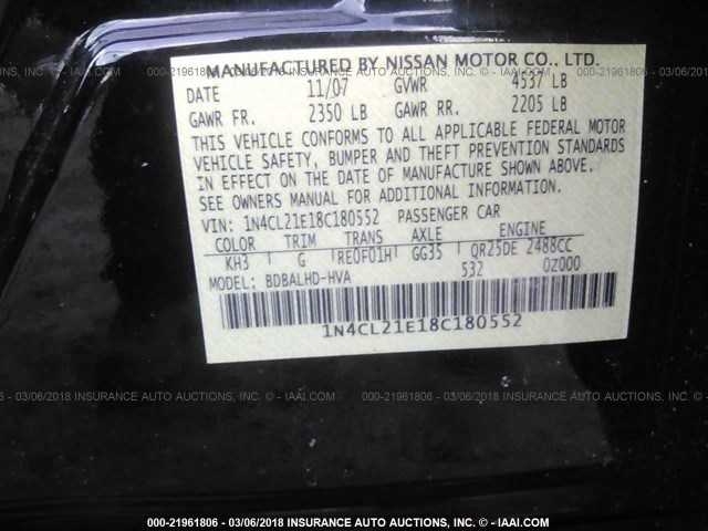 1N4CL21E18C180552 - 2008 NISSAN ALTIMA HYBRID BLACK photo 9