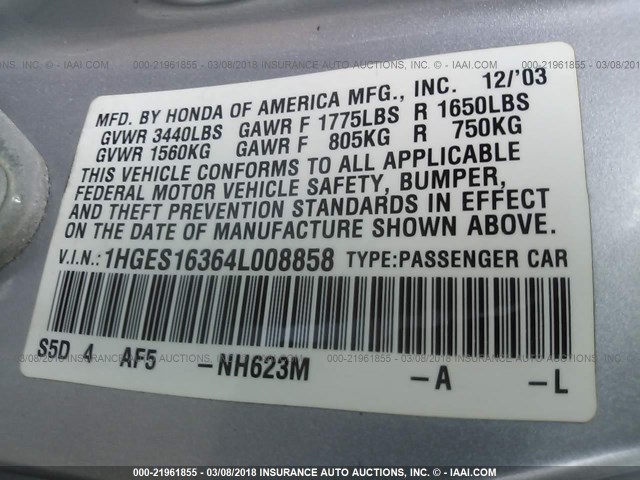 1HGES16364L008858 - 2004 HONDA CIVIC DX VP SILVER photo 9