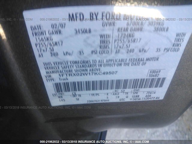 1FTRX02W17KC49507 - 2007 FORD F150 GRAY photo 9