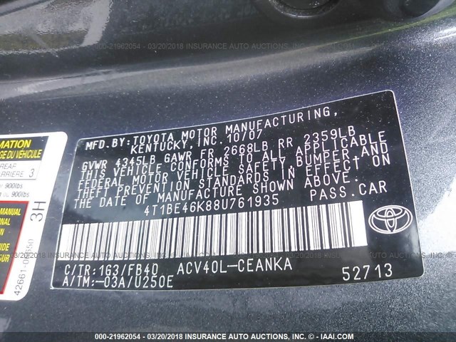 4T1BE46K88U761935 - 2008 TOYOTA CAMRY CE/LE/XLE/SE GRAY photo 9