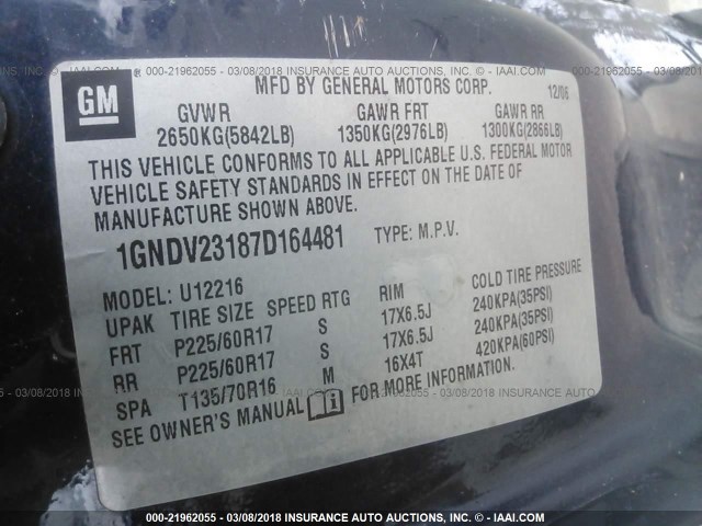 1GNDV23187D164481 - 2007 CHEVROLET UPLANDER LS Dark Blue photo 9