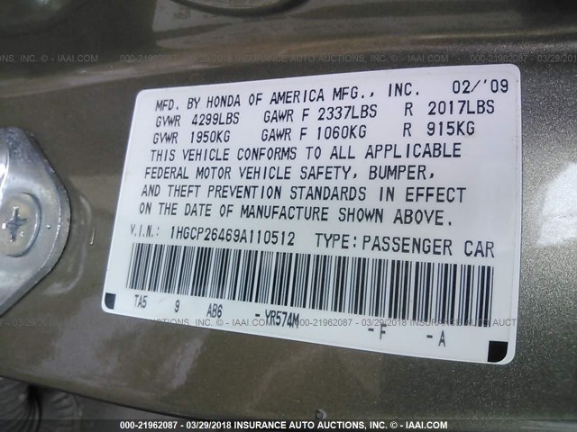 1HGCP26469A110512 - 2009 HONDA ACCORD LXP BEIGE photo 9