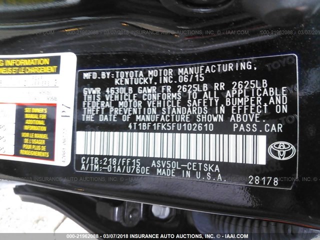 4T1BF1FK5FU102610 - 2015 TOYOTA CAMRY LE/XLE/SE/XSE Noir photo 9