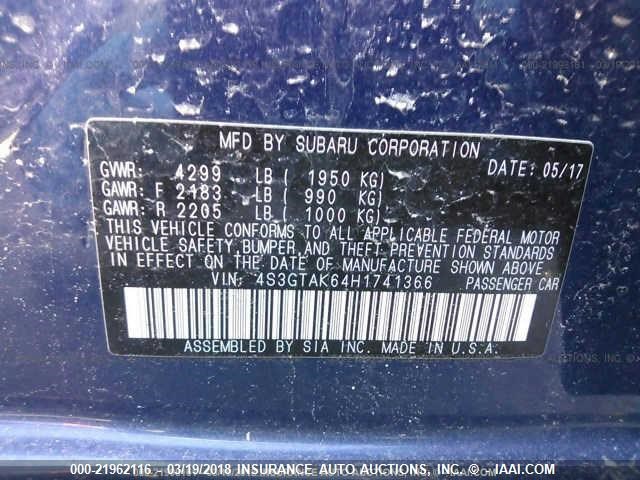 4S3GTAK64H1741366 - 2017 SUBARU IMPREZA SPORT BLUE photo 9