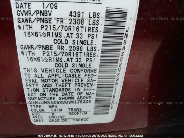 JN8AS58V89W176305 - 2009 NISSAN ROGUE S/SL MAROON photo 9