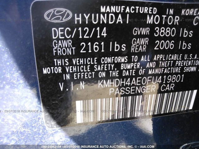 KMHDH4AE0FU419801 - 2015 HYUNDAI ELANTRA SE/SPORT/LIMITED BLUE photo 9