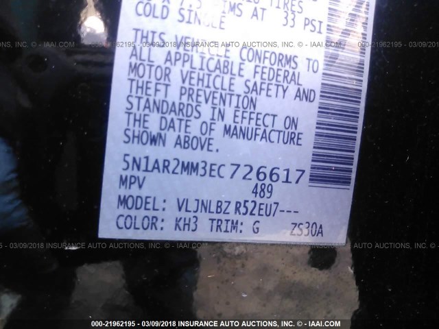 5N1AR2MM3EC726617 - 2014 NISSAN PATHFINDER S/SV/SL/PLATINUM 黑色 照片 9