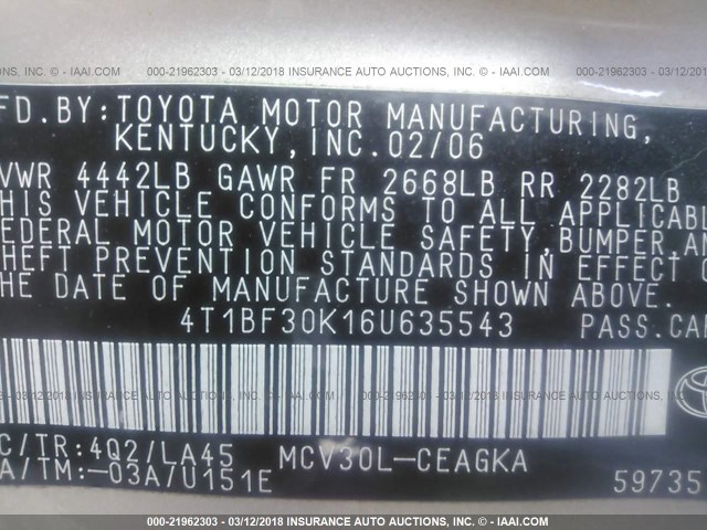 4T1BF30K16U635543 - 2006 TOYOTA CAMRY LE/XLE/SE 棕色 照片 9
