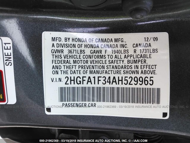 2HGFA1F34AH529965 - 2010 HONDA CIVIC VP GRAY photo 9