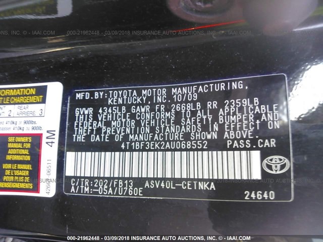 4T1BF3EK2AU068552 - 2010 TOYOTA CAMRY SE/LE/XLE 黑色 照片 9