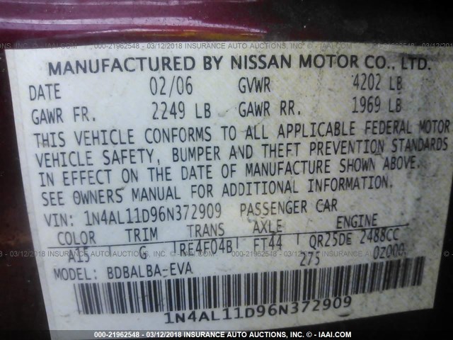 1N4AL11D96N372909 - 2006 NISSAN ALTIMA S/SL RED photo 9