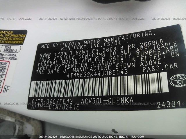 4T1BE32K44U365043 - 2004 TOYOTA CAMRY LE/XLE/SE Ağ foto 9