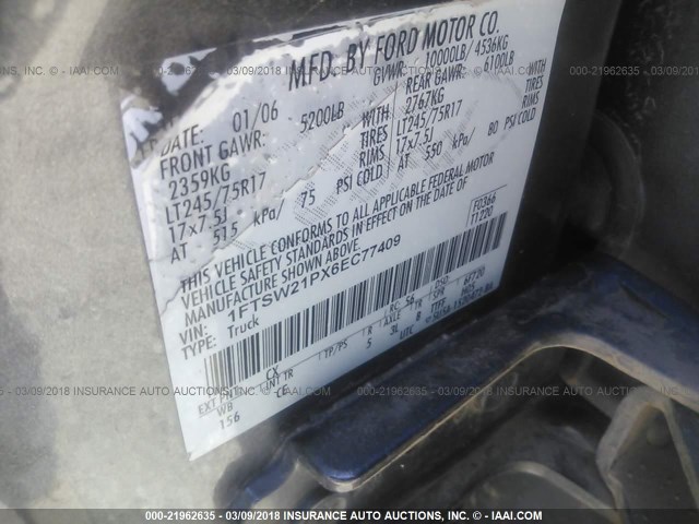 1FTSW21PX6EC77409 - 2006 FORD F250 SUPER DUTY GRAY photo 9