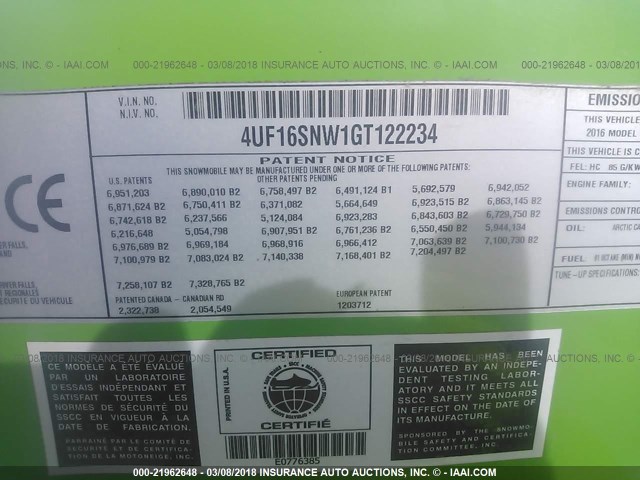 4UF16SNW1GT122234 - 2016 ARCTIC CAT M8  绿色 照片 9