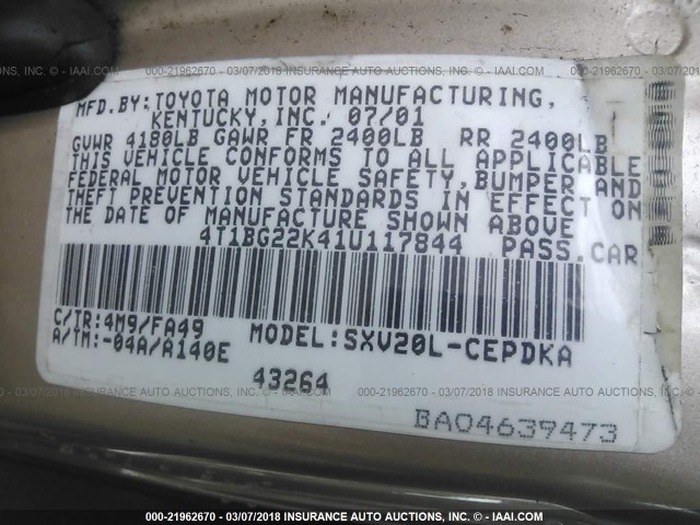 4T1BG22K41U117844 - 2001 TOYOTA CAMRY CE/LE/XLE 棕色 照片 9