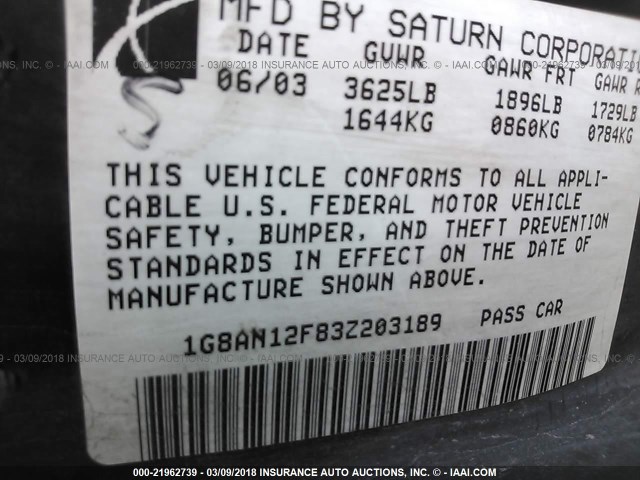 1G8AN12F83Z203189 - 2003 SATURN ION LEVEL 2 BLACK photo 9
