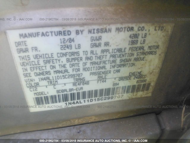 1N4AL11D15C299707 - 2005 NISSAN ALTIMA S/SL GOLD photo 9