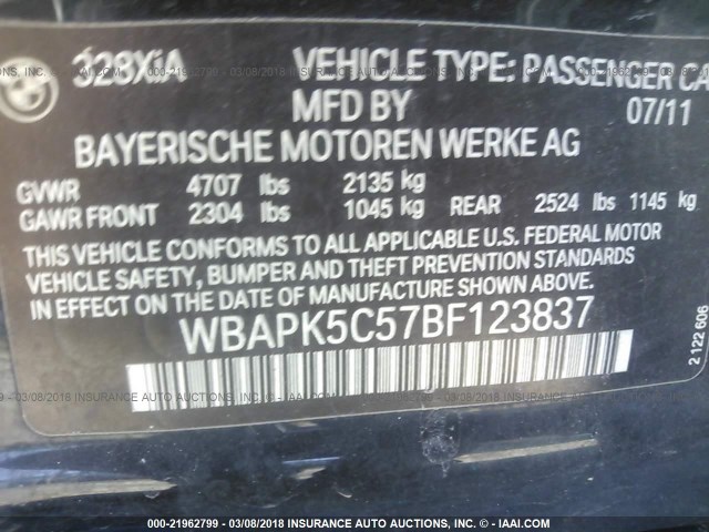 WBAPK5C57BF123837 - 2011 BMW 328 XI SULEV BLACK photo 9