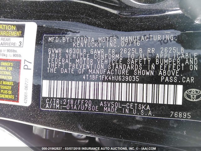 4T1BF1FK4HU639035 - 2017 TOYOTA CAMRY LE/XLE/SE/XSE BLACK photo 9