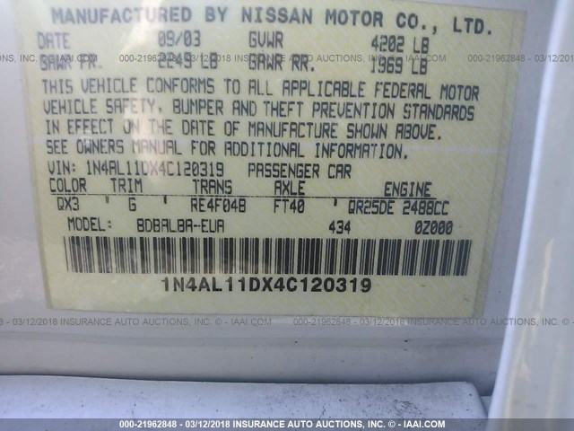 1N4AL11DX4C120319 - 2004 NISSAN ALTIMA S/SL WHITE photo 9