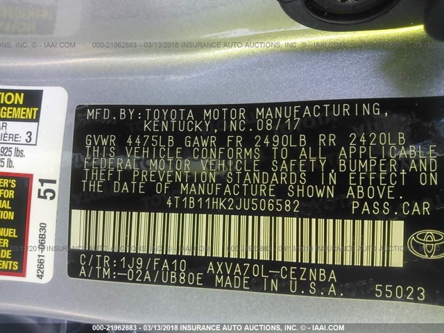 4T1B11HK2JU506582 - 2018 TOYOTA CAMRY L/LE/XLE/SE/XSE SILVER photo 9