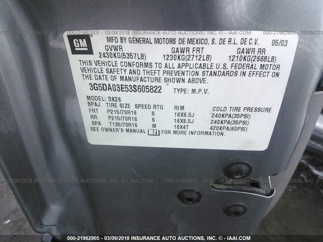 3G5DA03E53S605822 - 2003 BUICK RENDEZVOUS CX/CXL GRAY photo 9